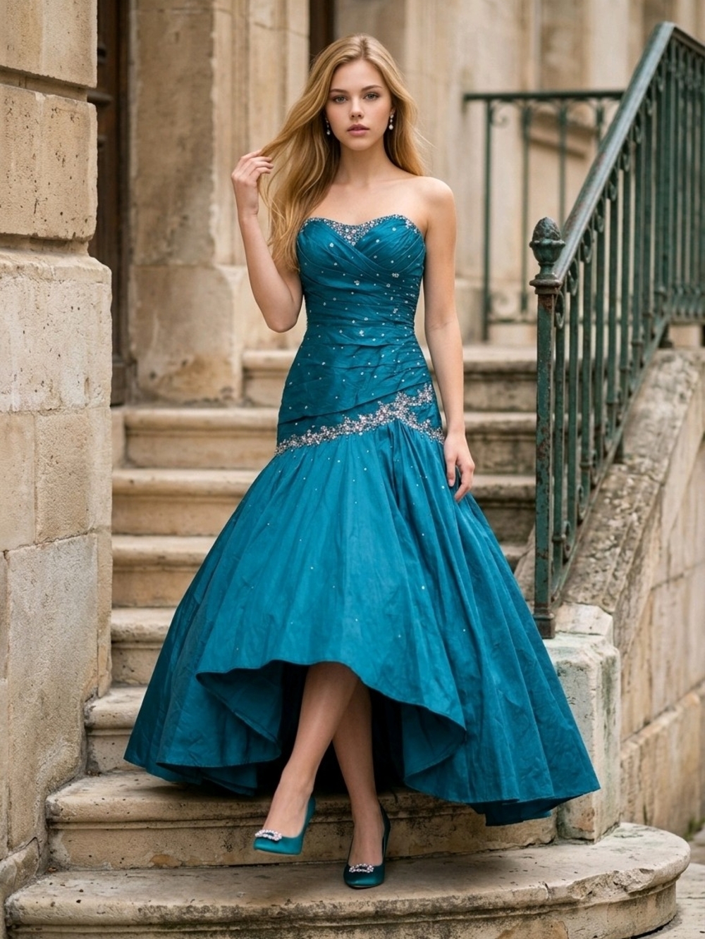 Mori Lee Strapless Teal Ball Gown with Beaded Waist